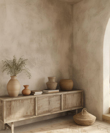 3d rendering of a living room interior with vases and booksの素材