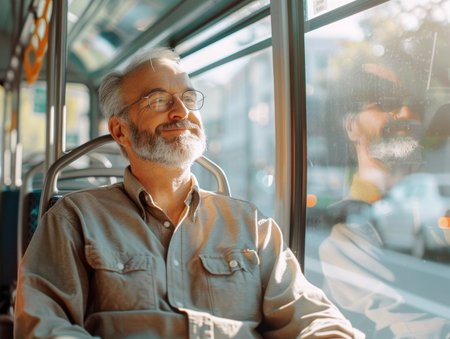 Portrait of a senior man sitting on a bus and looking at the cameraの素材