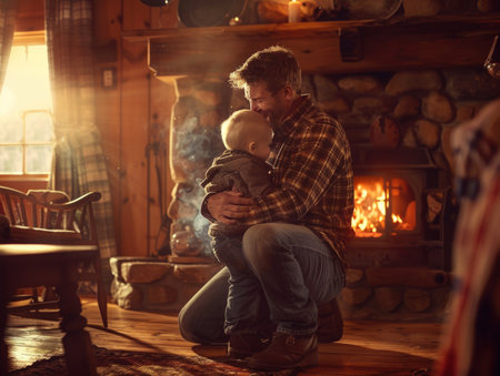 Young father with his little son in his arms at home by the fireplaceの素材