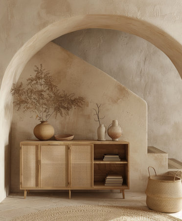 Interior of modern living room with wooden commode and decorative elementsの素材