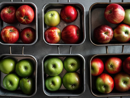 Top view of fresh red and green apples in metal tray on grey backgroundの素材
