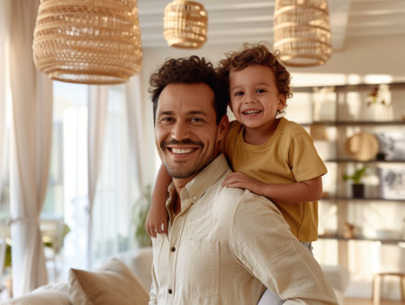 Portrait of happy father and his son in living room at homeの素材