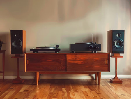 Vintage vinyl record player on wooden cabinet in living room. 3d renderの素材