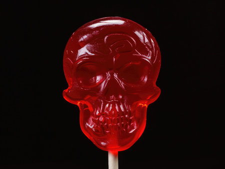 Red sugar skull lollipop on black background. Halloween concept.の素材