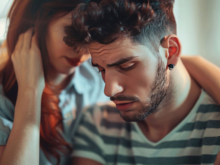 Close up portrait of young couple in love hugging and looking at each other.の素材