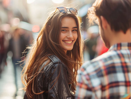 Beautiful young couple walking on the street in the city. Smiling and looking at each other.の素材