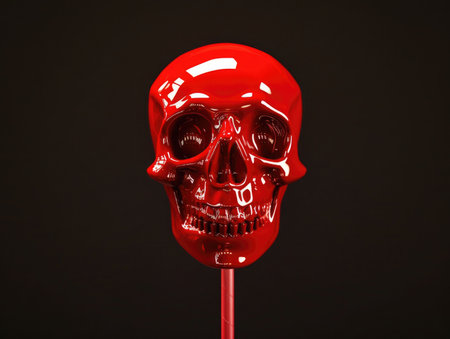 Red skull on a stick on a black background. 3d illustrationの素材