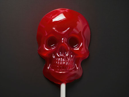 Red skull with lollipop on black background. Halloween concept.の素材
