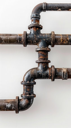 Rusty water pipes on white wall background. Water supply system.の素材