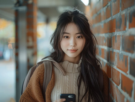 Portrait of beautiful asian woman using smartphone in the city.の素材