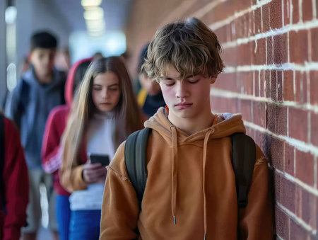 Teenage boy with backpack looking at mobile phone in corridor of schoolの素材