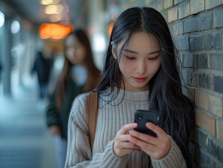 Portrait of thai china adult beautiful girl using her smart phoneの素材