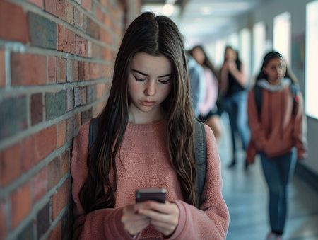 Teenage girl with mobile phone in the corridor of a school.の素材
