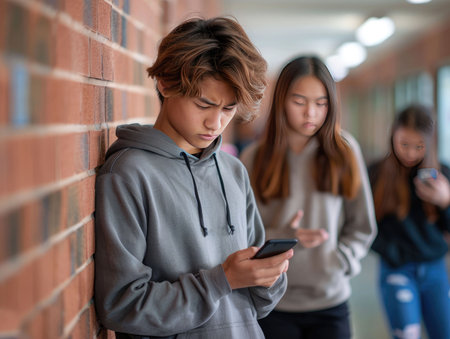 group of asian high school students using mobile phone at school corridorの素材
