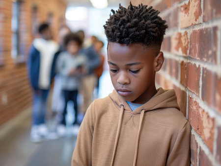 Portrait of a sad african american boy standing in corridor of schoolの素材