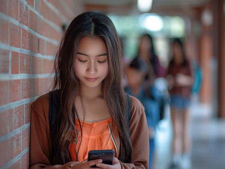 Portrait of thai adult student university uniform beautiful girl using her smart phone.の素材