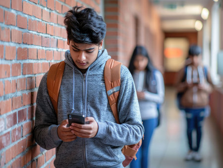 young asian student using mobile phone in corridor of school or universityの素材
