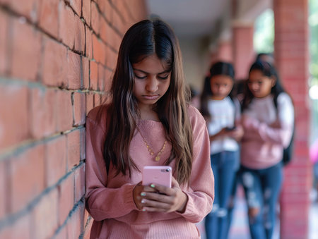 Portrait of a teenage girl using mobile phone with her friends in the backgroundの素材
