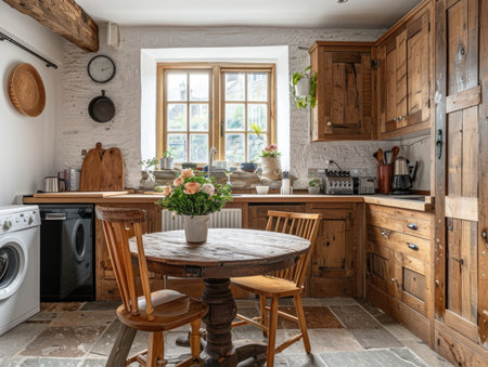 interior of a modern kitchen in a country house with wooden furnitureの素材