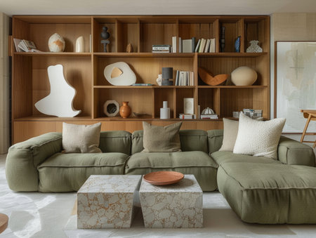 Living room interior design with green sofa, bookshelf, coffee table and bookcase. 3d renderの素材