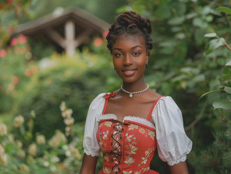 Beautiful young African American woman in traditional Bavarian clothing posing in the garden.の素材