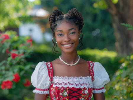 Beautiful young African American woman in traditional Bavarian clothing posing outdoors.の素材
