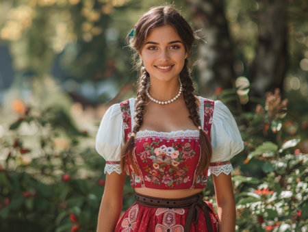 Beautiful young woman in traditional Bavarian clothes posing in the garden.の素材
