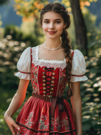 Beautiful young woman in traditional bavarian dress posing outdoor.の素材