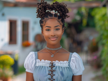 Portrait of a beautiful young African American woman in traditional Bavarian dressの素材