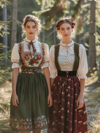 Two young women in traditional bavarian clothes posing in the forestの素材