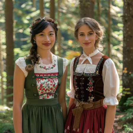 Two young women in traditional Bavarian clothes posing in the forest.の素材