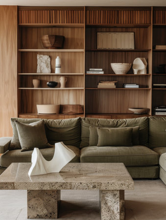 interior of luxury living room with sofa and bookcase, nobody insideの素材