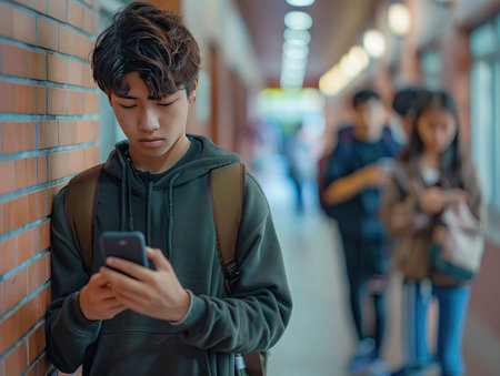 portrait of young asian man using mobile phone in the corridorの素材