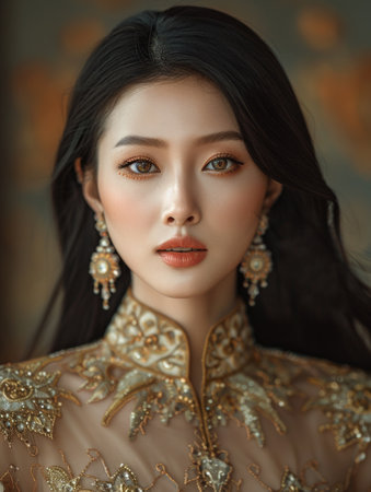 Portrait of a beautiful Asian woman with makeup and hairstyle.の素材
