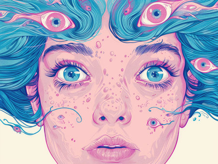 Face of a beautiful girl with blue hair and pink eyes. Vector illustrationの素材