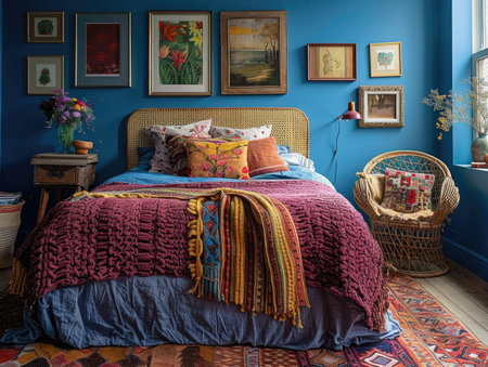 Bedroom interior with colorful bedclothes, wicker basket and paintingsの素材