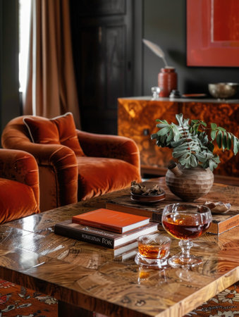 Book and glass of whiskey on a wooden table in the living roomの素材