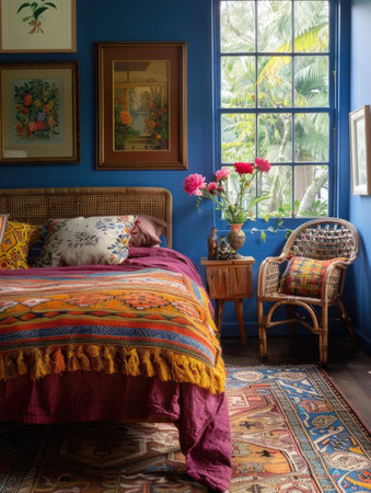 Interior of a bedroom with a colorful bedspread and pillowsの素材