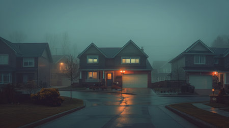 Cottage in a foggy winter evening in the suburbs of Toronto, Canadaの素材