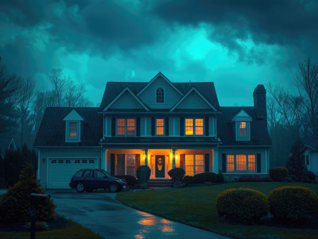 3D rendering of a luxury house in a suburban neighborhood at nightの素材