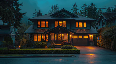 Night view of a modern house in the forest with lighted windowsの素材
