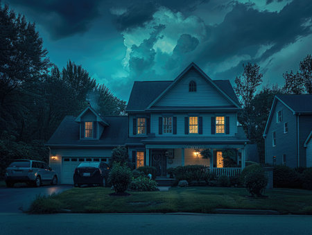 Houses in a suburban neighborhood at night with a cloudy sky.の素材