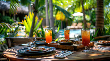 Table set for lunch or dinner in the shade of a palm tree.の素材