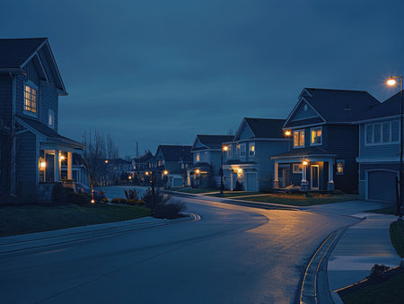 Residential houses in the suburbs of Toronto, Canada at dusk.の素材