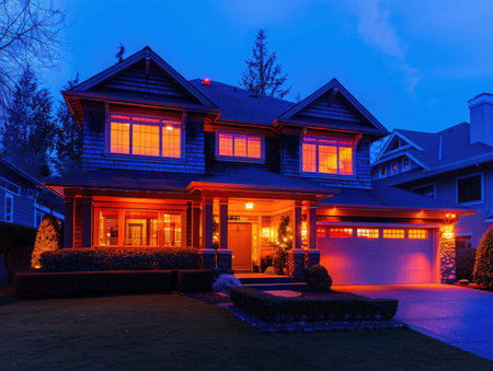 Beautiful luxury house exterior at twilight with lighted windows and front yard.の素材