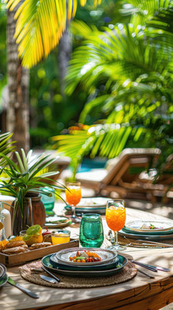 Table set for breakfast in a tropical garden. Selective focus.の素材