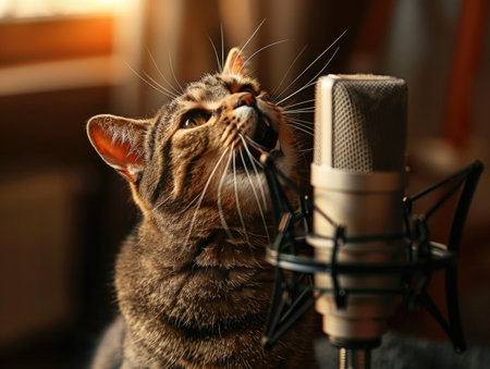 Cute cat with microphone on table in recording studio, closeupの素材