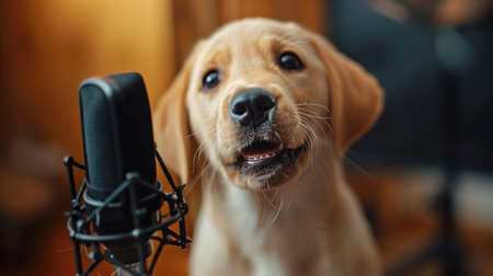 Cute Golden Retriever Puppy With Microphone at Homeの素材