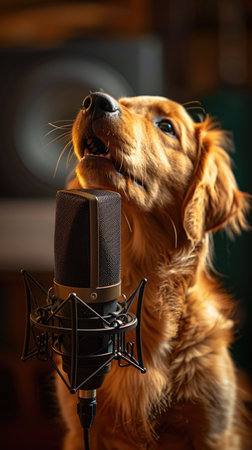 Cute golden retriever dog singing in a studio with microphone.の素材