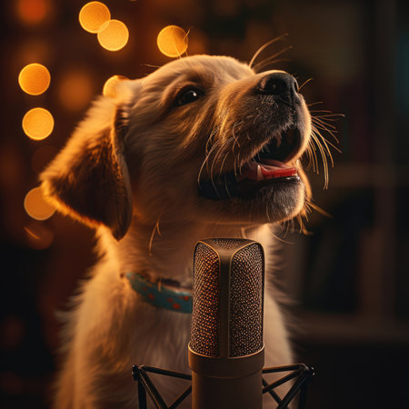 Golden retriever dog singing into a microphone at home with bokeh background.の素材